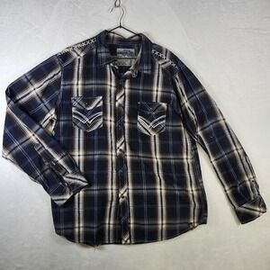 Machine Plaid Western Shirt Mens XXL Blue Brown Embroidered‎ Pockets Long Sleeve